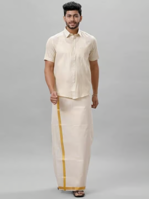 Men Half Sleeve Shirt With Jari Dhoti Set