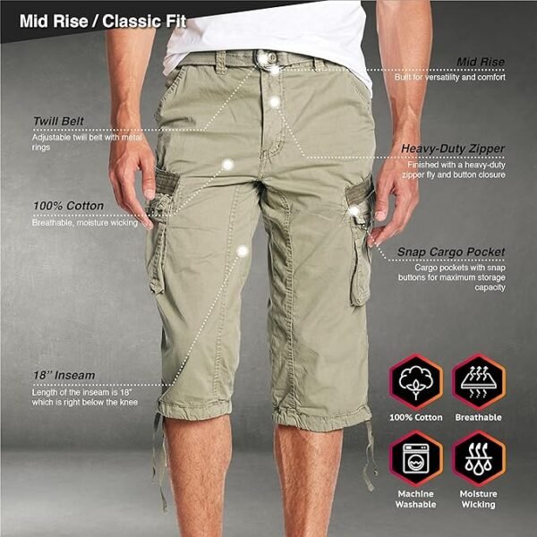 Men's Belted Cargo Long Shorts 18" Inseam below Knee Length Multi Pocket 3/4 Capri Pants - Image 5