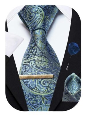 Formal Ties Set With Pocket Square, Cuff link, Tie Clip & Flower Pin With Gift Box For Mens (AXPL)